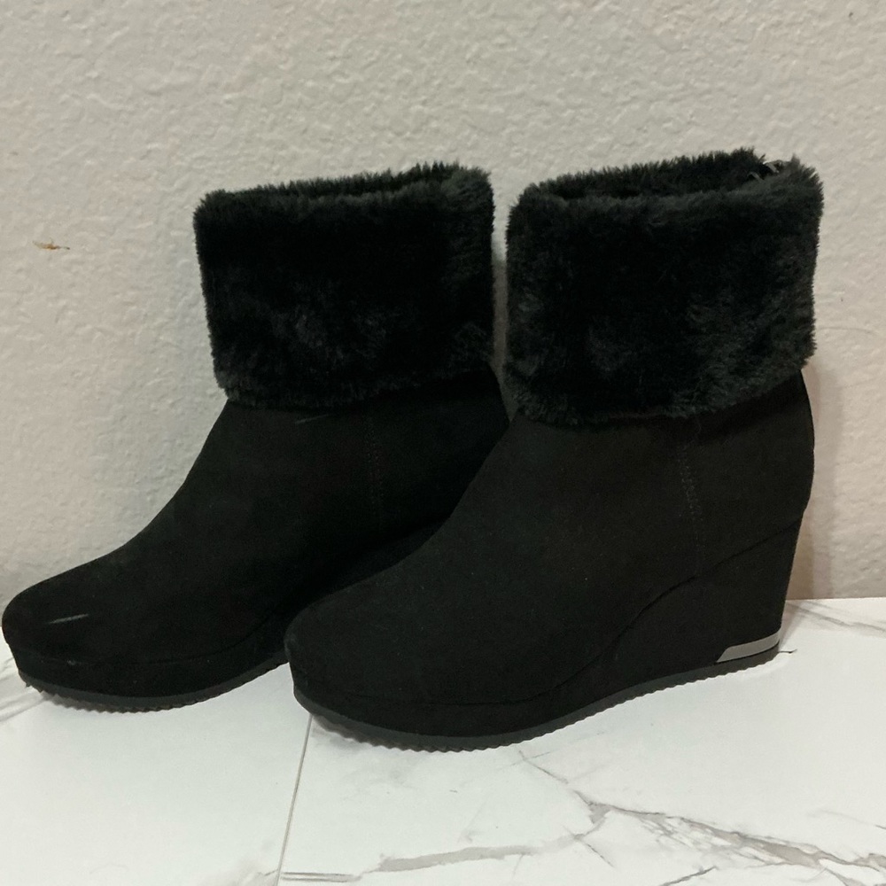DKNY Black Faux Fur Wedge Ankle Boots
